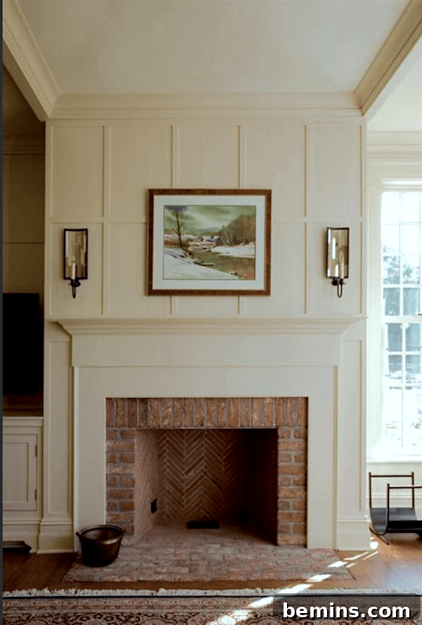 Traditional fireplace mixing new and old elements.