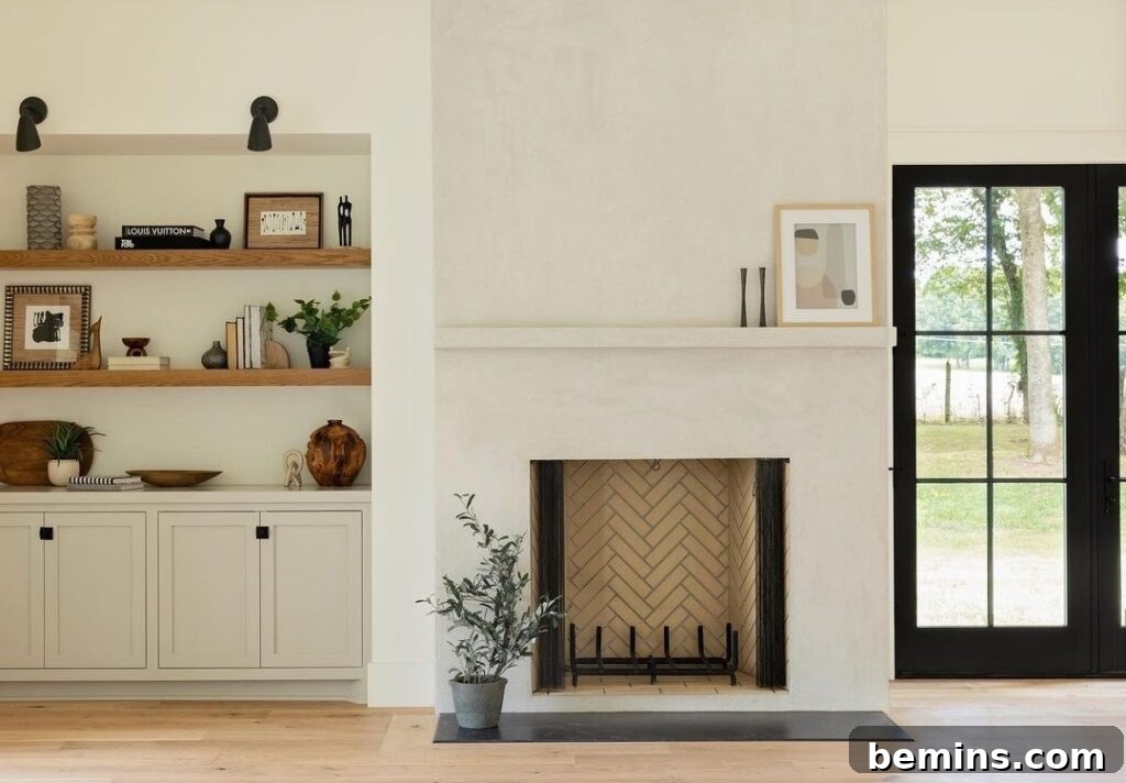 White fireplace with herringbone insert.