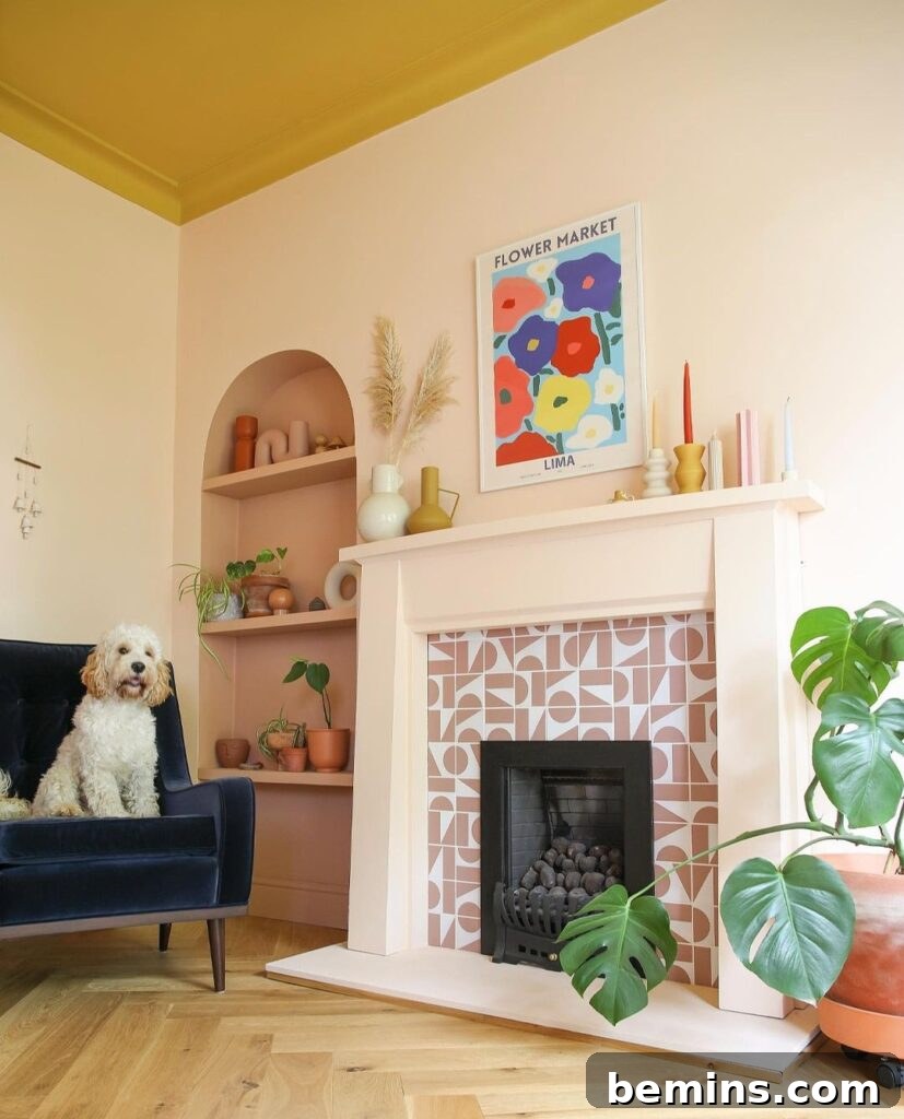 Pink geometric tiles fireplace.