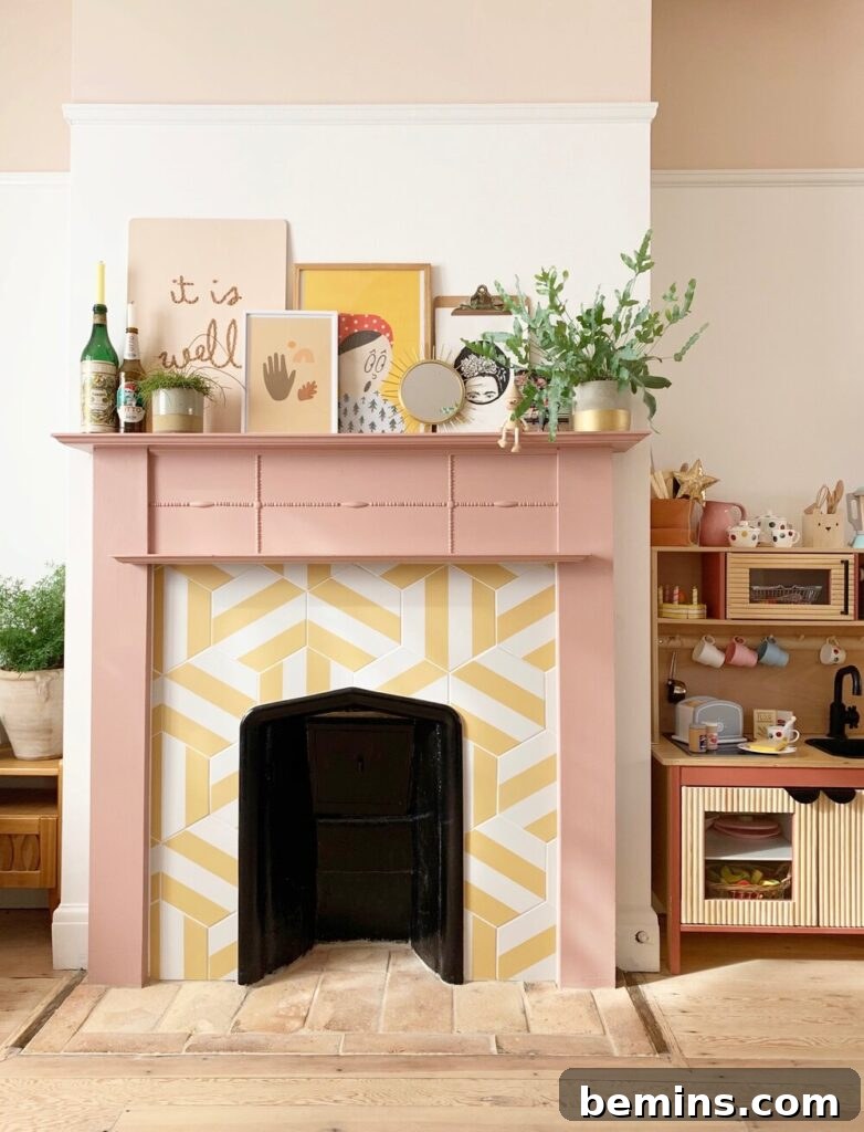 Yellow tiles with a pink beaded fireplace mantel.