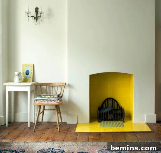 Vibrant yellow tiles fireplace.