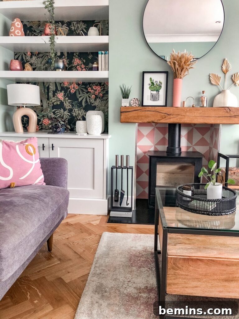Pink patterned tiles surrounding a wood-burning stove.