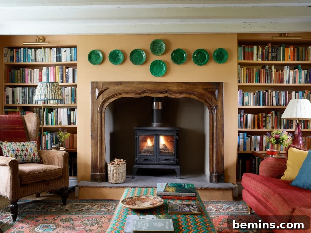 Wood-burning stove set into a beautiful wood mantel.