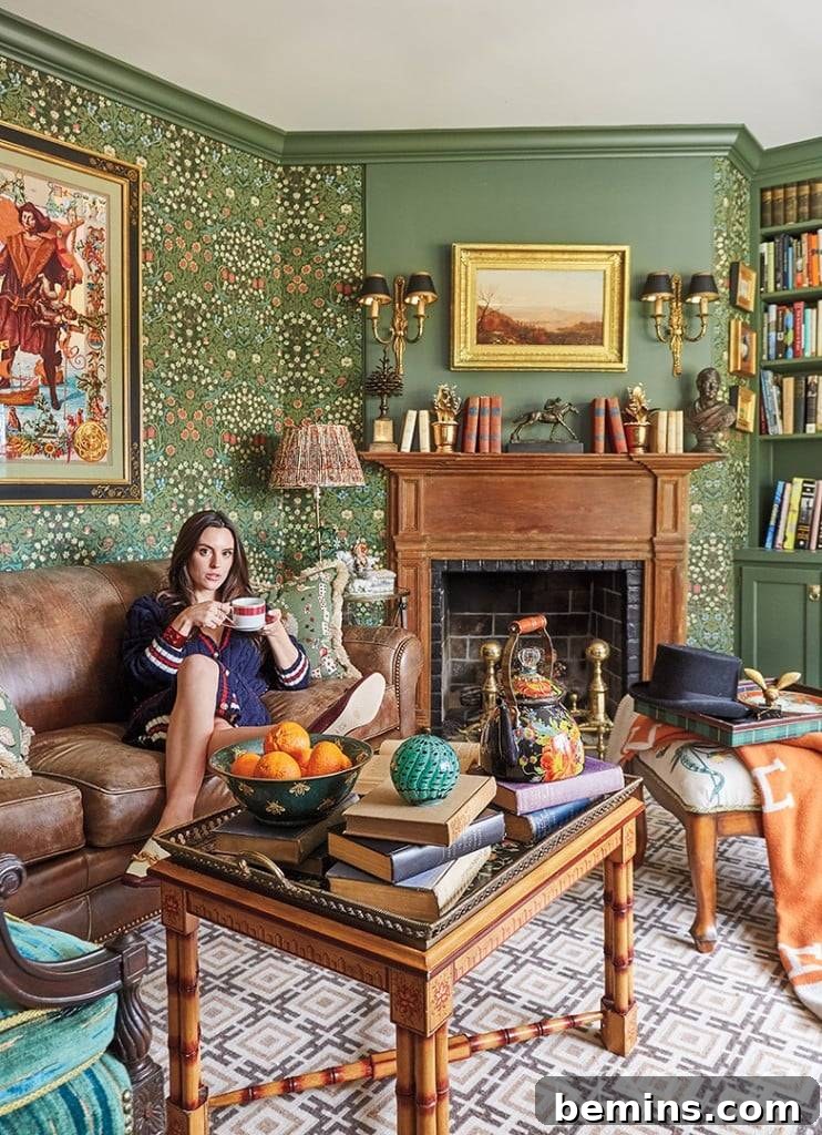 Simple cottage fireplace, surrounded by ornate wallpaper and decor.