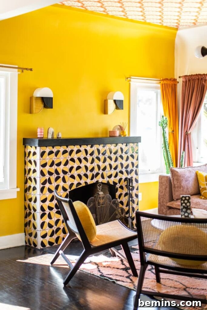 Vibrant and colorful maximalist style fireplace.