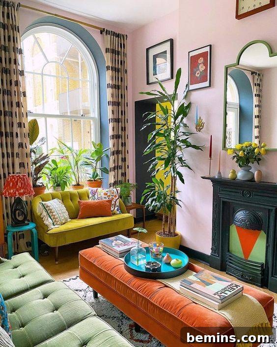 Bright, geometric colored fireplace insert.