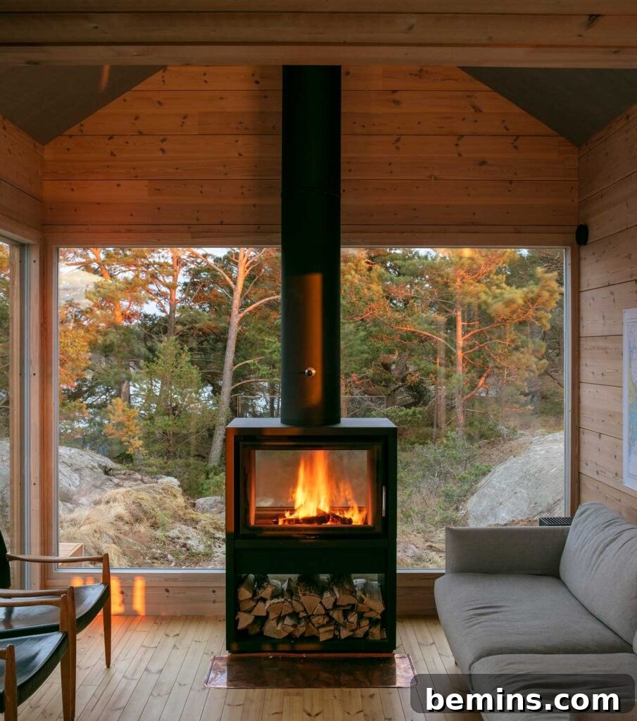 Simple wood-burning stove in a modern cabin.