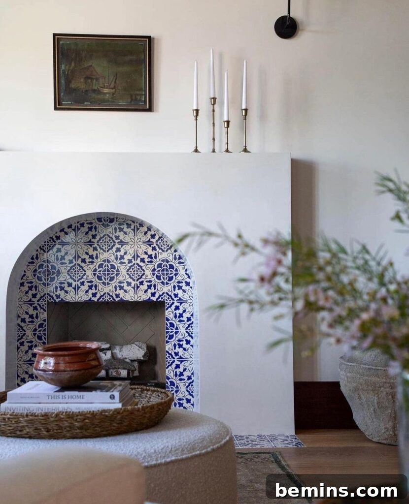 Curved-lines and blue tile work in a Spanish-style home.