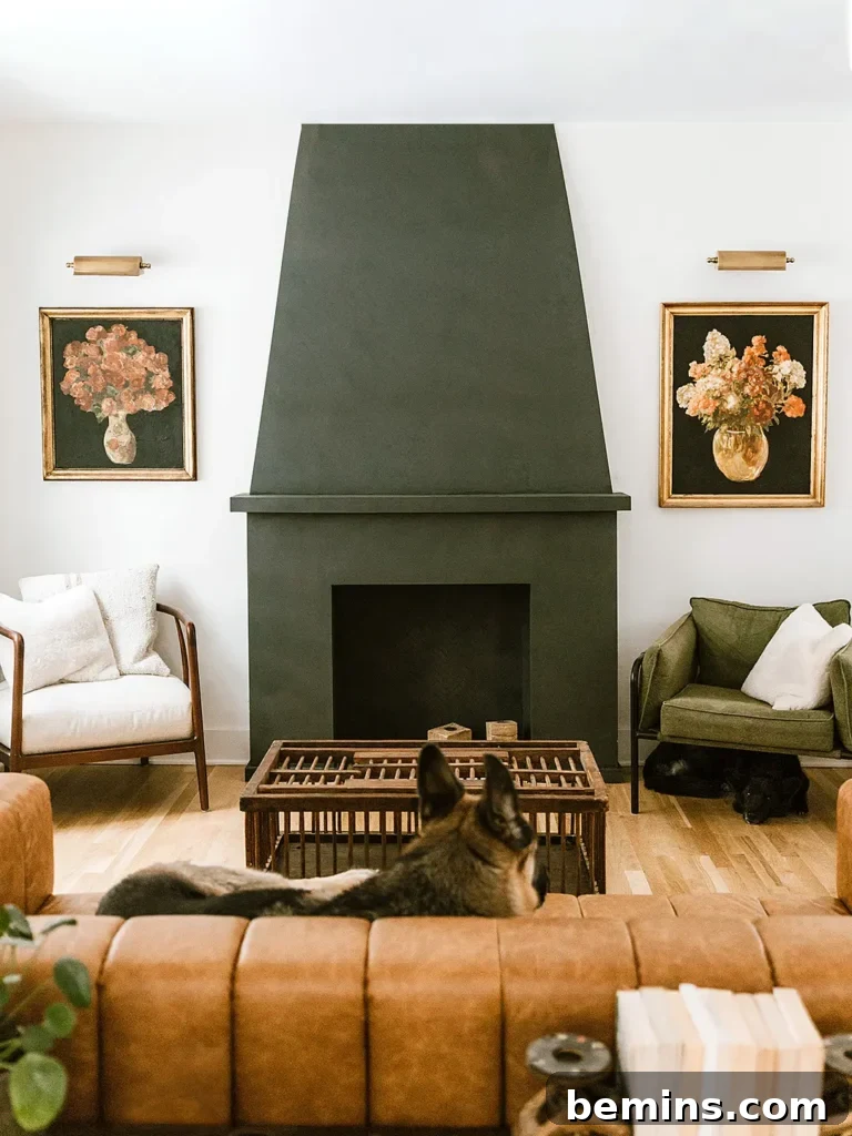 Deep green fireplace DIY makeover.