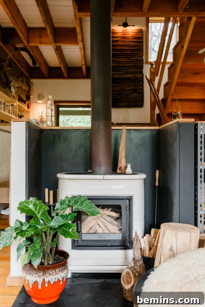 Rustic and clean wood burning stove in a Scandinavian inspired home.