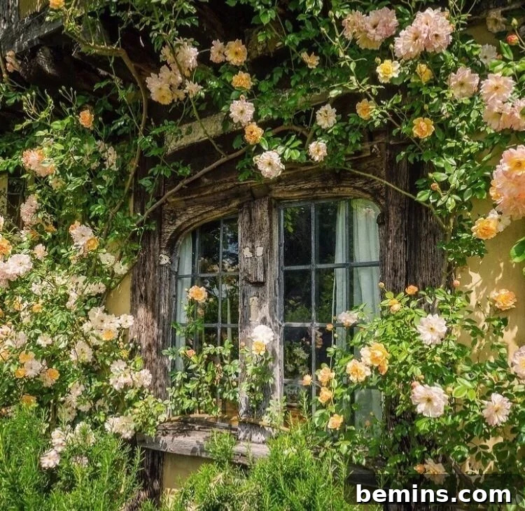 English cottage with climbing roses, vines, and greenery, showcasing classic Cottagecore elements.