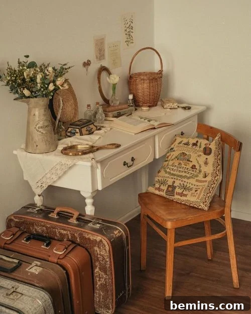 Desk nook with embroidered pillows, woven baskets, and vintage finds. Image from aesthetics.fandom.com.