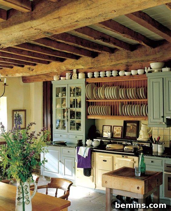Farmhouse cottage kitchen with soft colors, exposed beam ceiling, brick floors, and original stove. Image from Life on Shady Lane.
