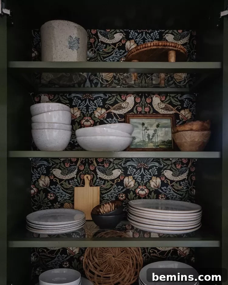 A little cottagecore hidden in the cabinets with this botanical wallpaper backing. Image from Valeria Jacobs. 