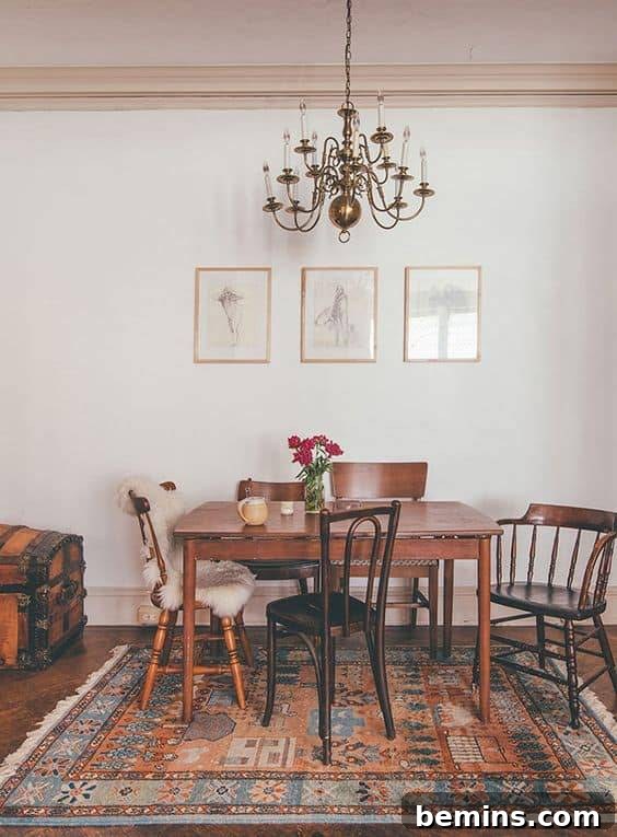 A cottagecore dining room featuring vintage rug and chairs, creating a calming and familiar atmosphere.