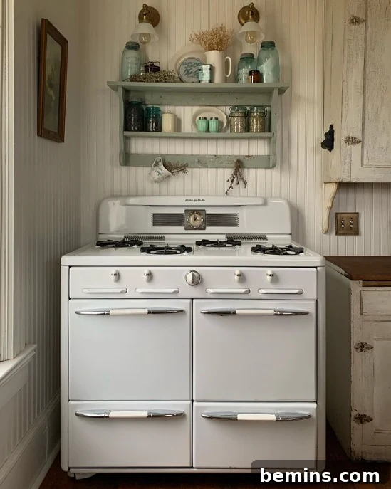 A Bryarton Farms kitchen with a vintage stove and shelves, showcasing the charm and warmth of Cottagecore.