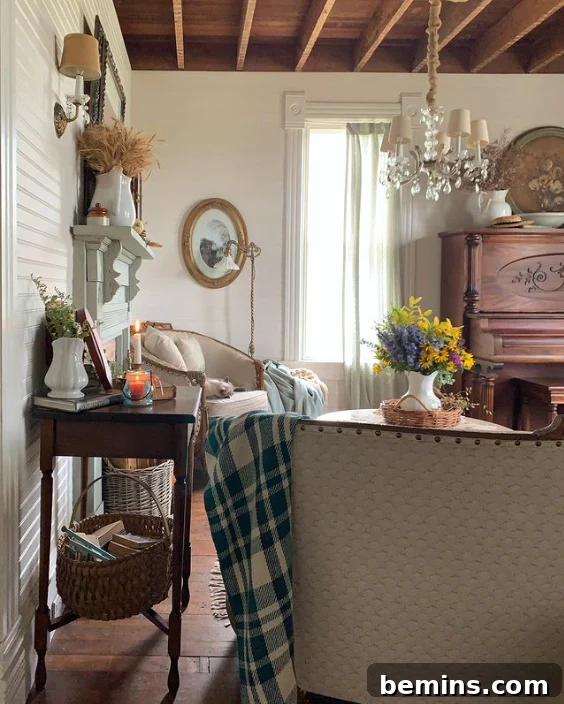 A Bryarton Farms living room showcasing the use of fabric, texture, and plants to create a Cottagecore atmosphere.