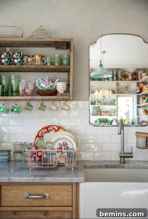 A Cottagecore kitchen featuring vintage dishes and a mirror, adding a touch of nostalgia and charm.