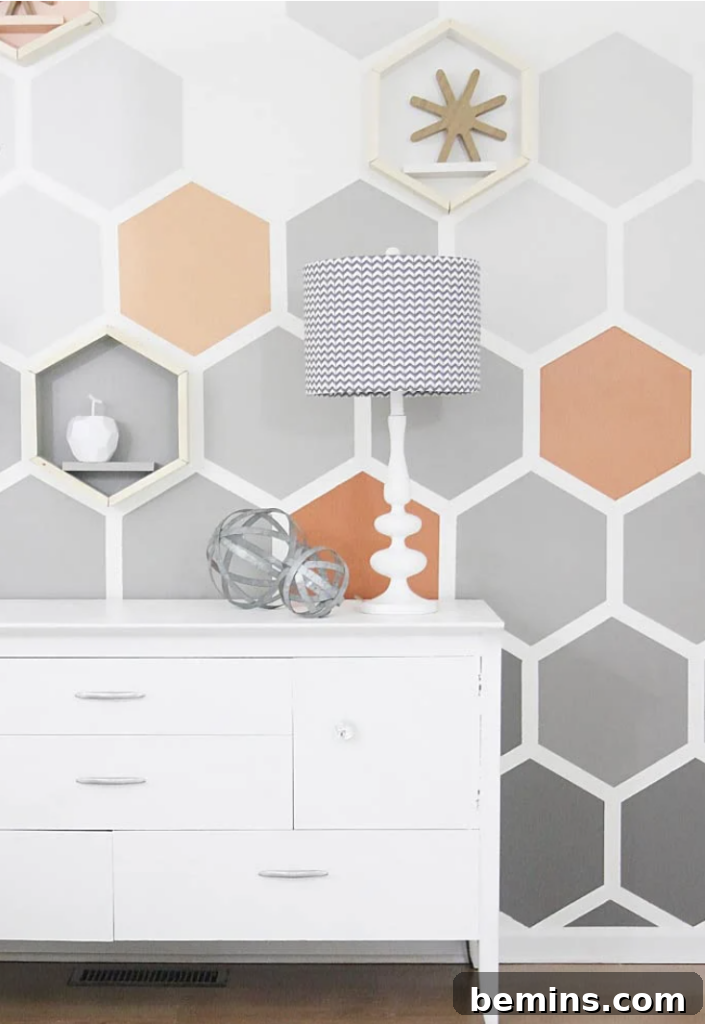A gray and orange hexagon ombre wall from Thistlewood Farms.