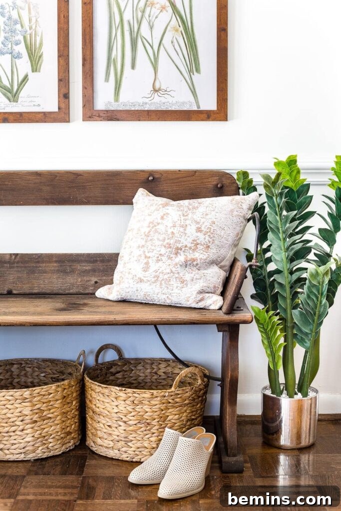 Entry bench and basket combo for stylishly storing shoes in your entryway.