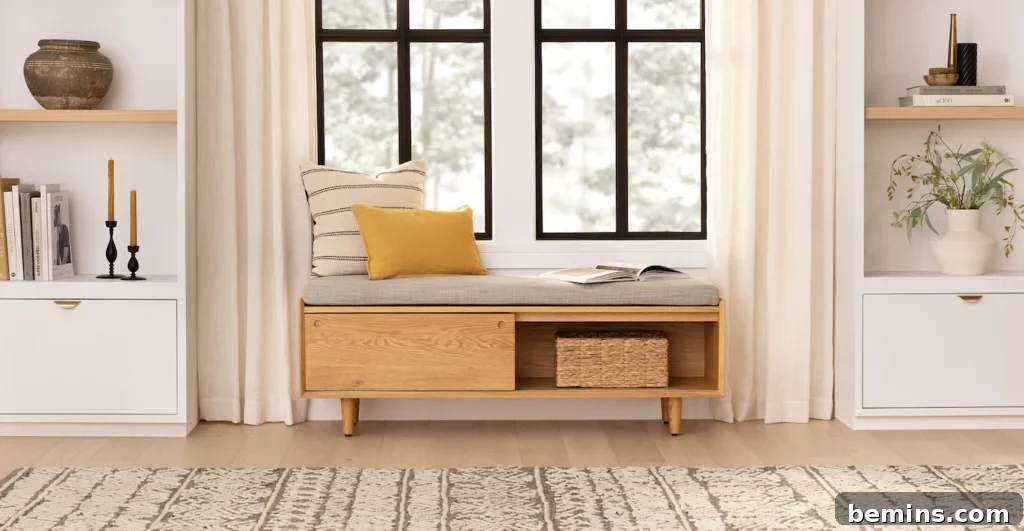 Shoe storage bench with storage drawer and room for baskets from Article.