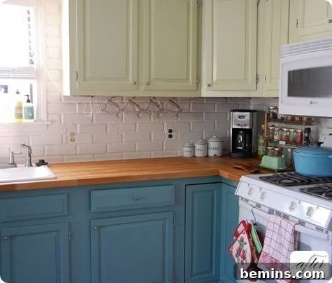 After: Holly's kitchen with white upper and turquoise lower cabinets