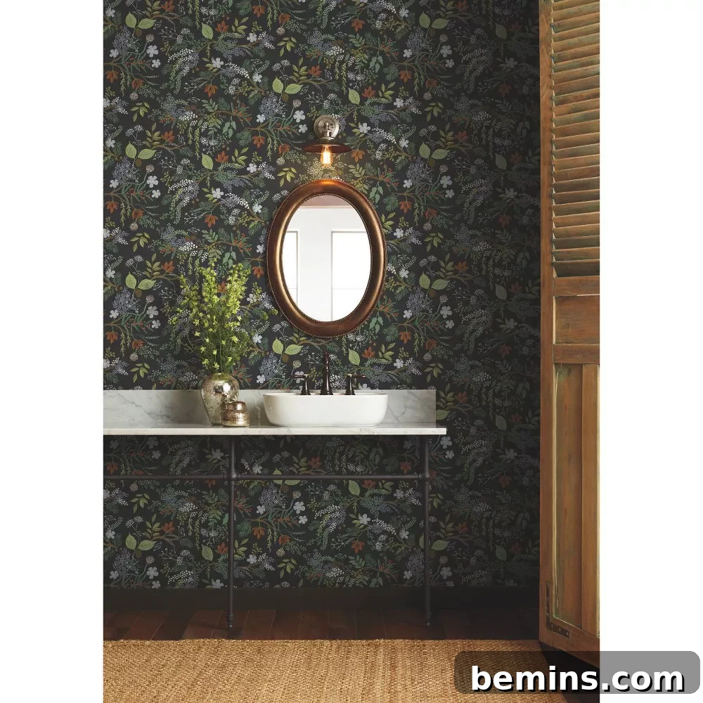 dark floral wallpaper in a bathroom.