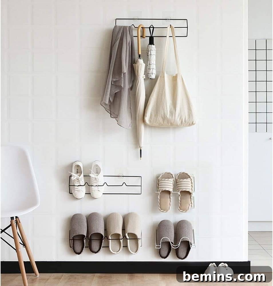 Minimal wire wall-mounted shoe storage