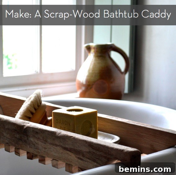 Handmade wooden bathtub caddy sitting across a white bathtub