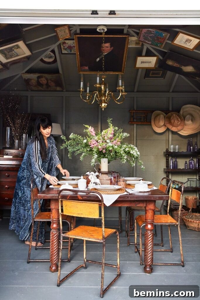 Vintage she shed with dramatic lighting