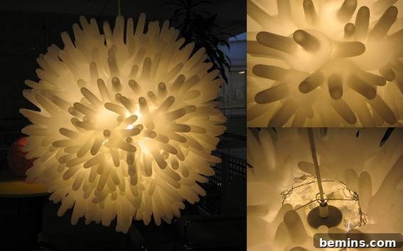 10 Rad Upcycled Lamps to Light Up Your Life 4 Chandelier made from yellow rubber gloves