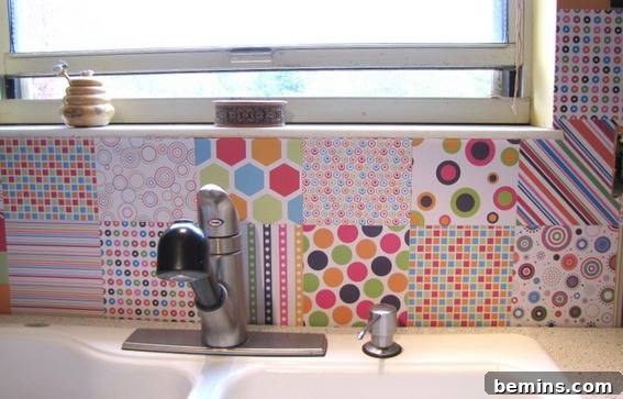 Colorful kitchen backsplash with scrapbook paper