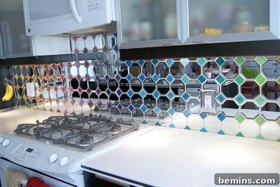Shiny and reflective kitchen backsplash with mirrored coasters