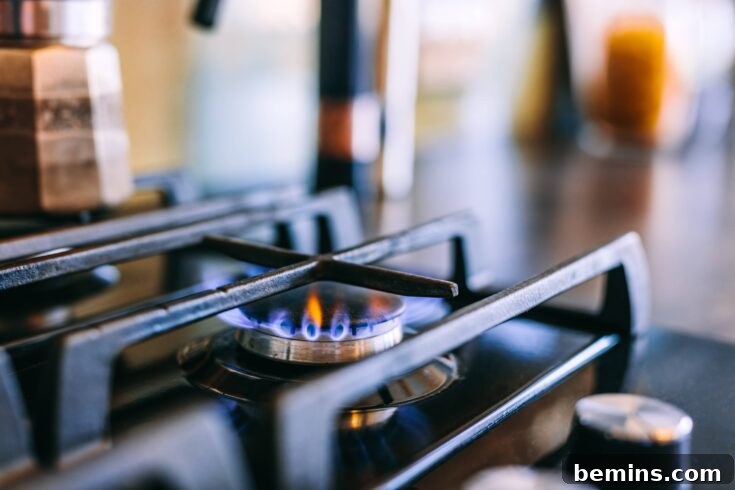 Sparkling Stove Top: Your Guide to Cutting Through Kitchen Grease 3 Gas flames burning on kitchen stove top
