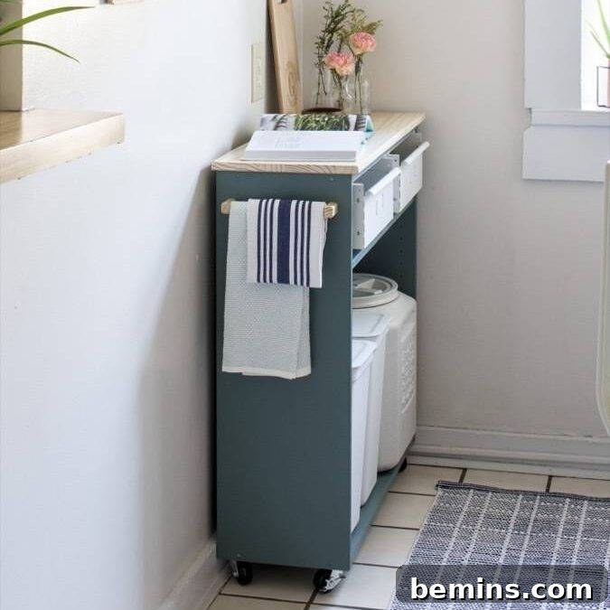 Cabinet transformed into rolling kitchen workspace