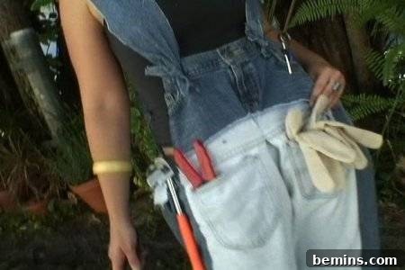 How to Sew Your Own Overalls 70 Woman place hand gloves and tools in her pant pockets.