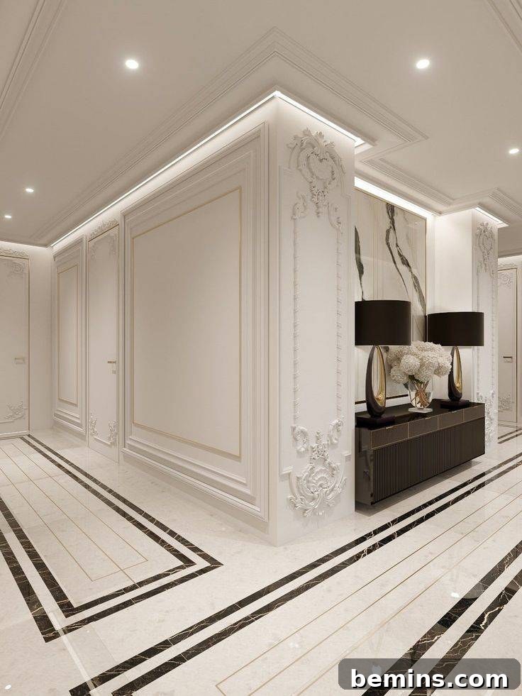 Charming Wainscoting: 21 Ways to Elevate Your Home 15 LED and recessed light wainscoting, long rectangular shapes on floor outlined in black and black entry table with two black lamps.
