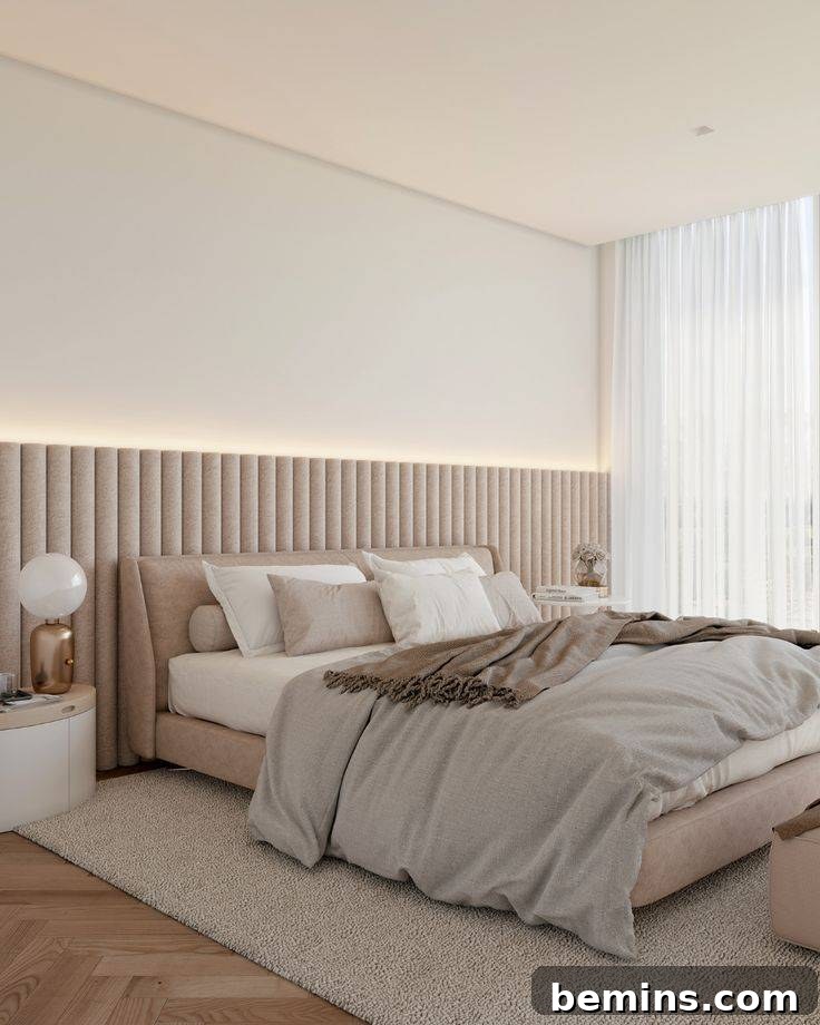 Charming Wainscoting: 21 Ways to Elevate Your Home 17 Beige upholstered wainscoting in bedroom, with cream bed featuring a grey throw pillow.