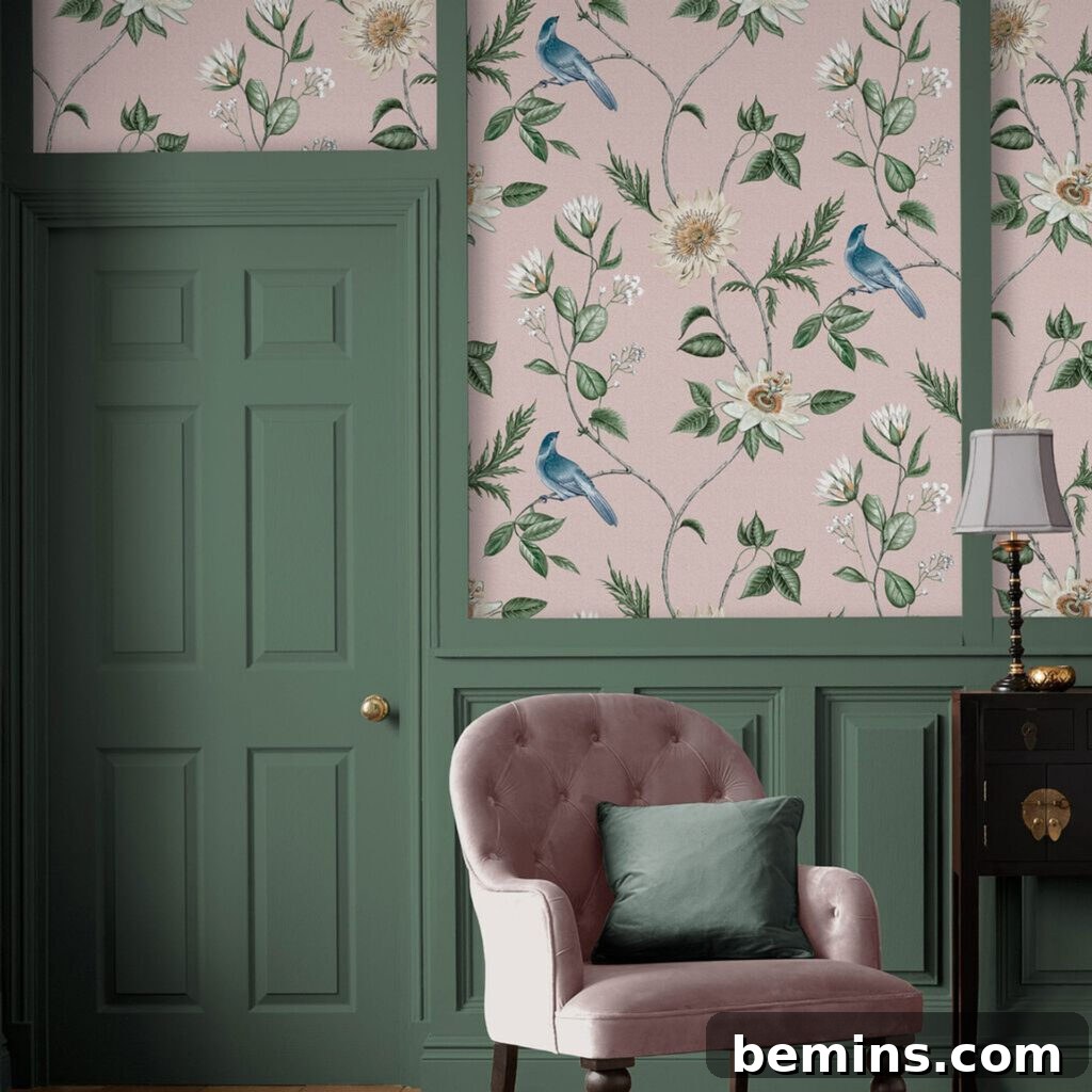 Charming Wainscoting: 21 Ways to Elevate Your Home 23 Nuit Blush Wallpaper from Graham & Brown.