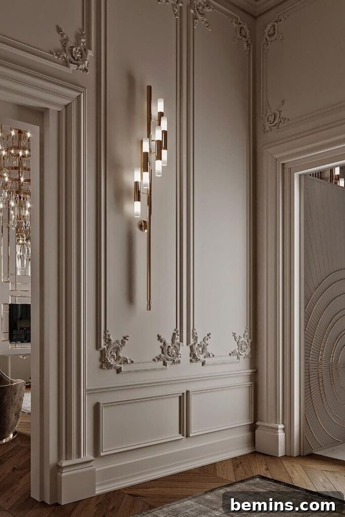 Charming Wainscoting: 21 Ways to Elevate Your Home 10 French boiserie modern bedroom wainscoting in beige with floating light
