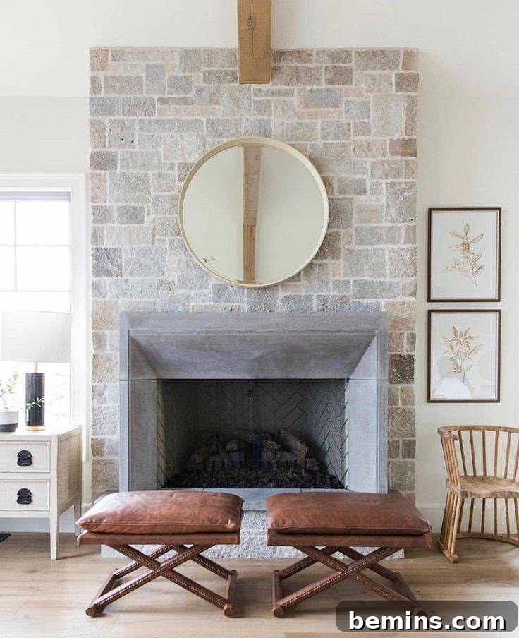 Living room with two brown chairs and gold mirror, gray fireplace