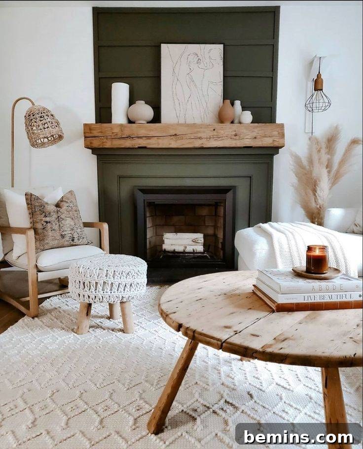 Green fireplace behind cream chair and brown table