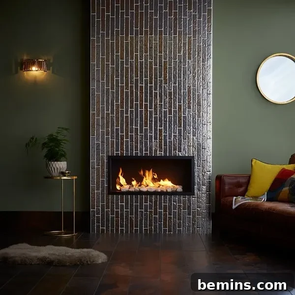 Silver fireplace with lit fire in dark room