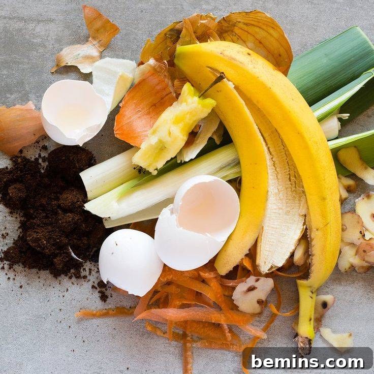 Food scraps including a banana, egg shells and carrots