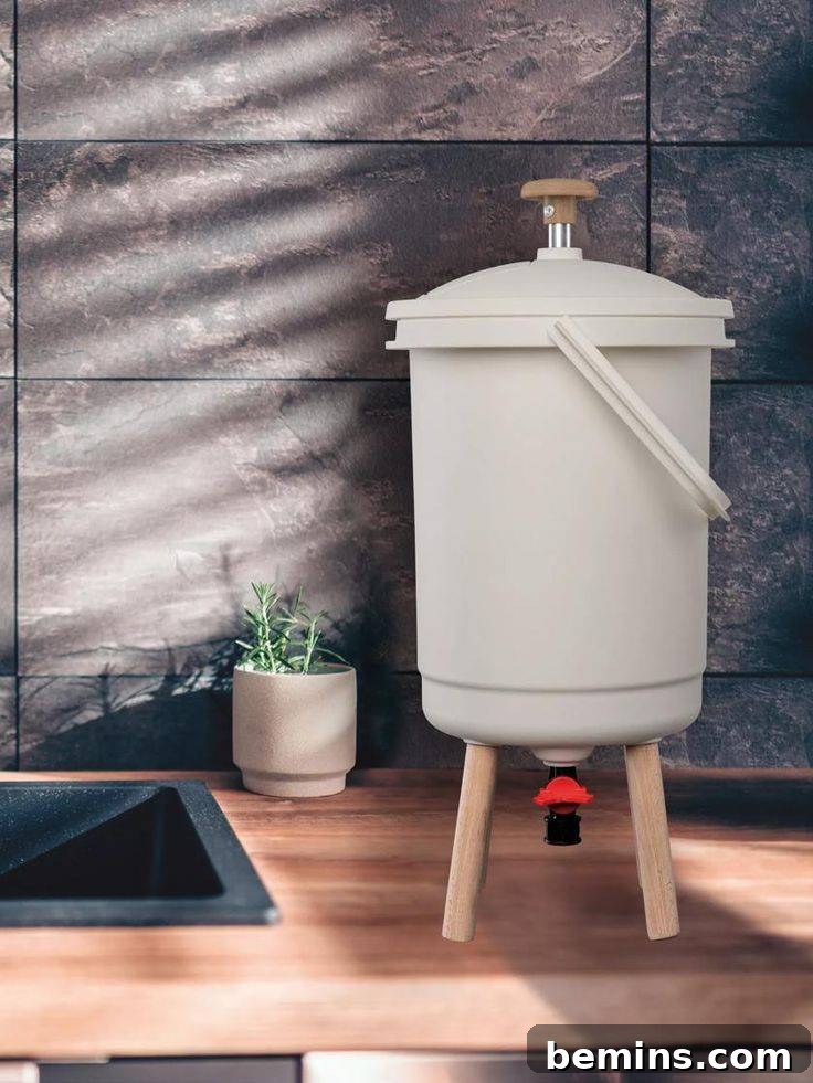 White Bokashi bucket on table with lid