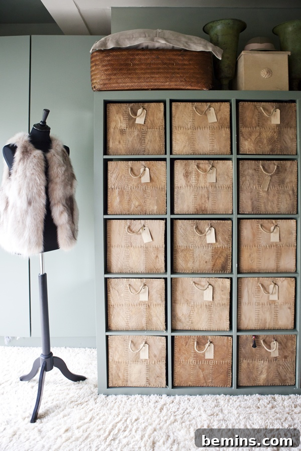 Over 20 Brilliant IKEA Kallax Transformations 3 An elegant yet simple Kallax hack, by Ashlina, featuring weathered stitch cubbies.