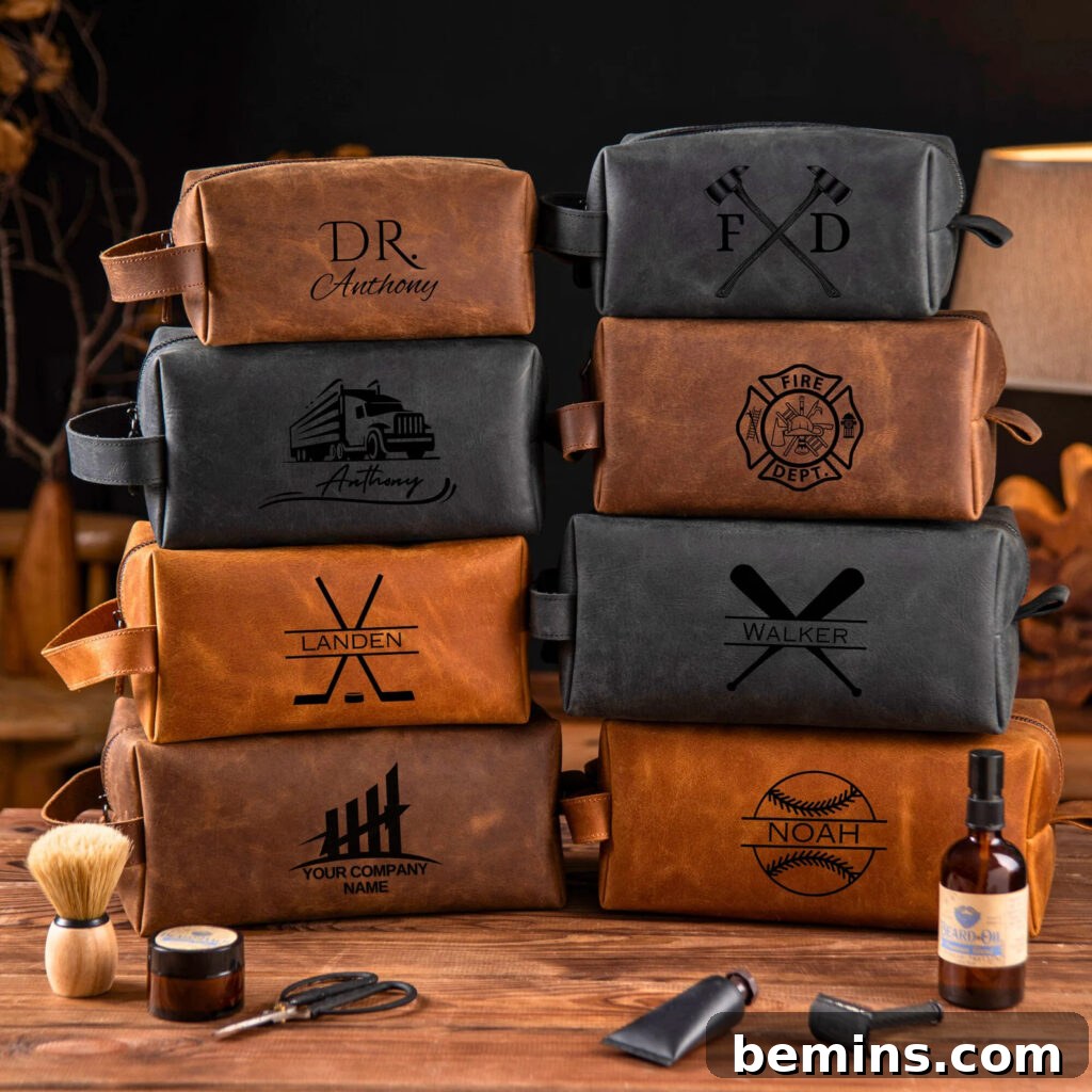 Brown and grey set of eight toiletry bags for men