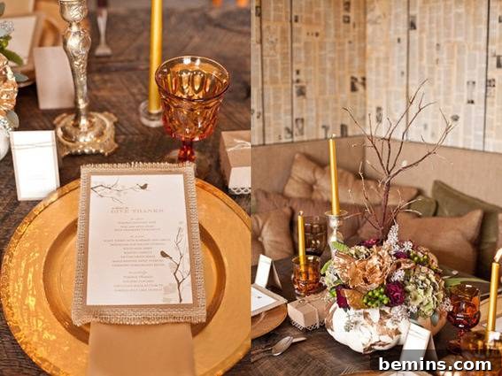 Gilded Thanksgiving table setting with elegant metallic accents.