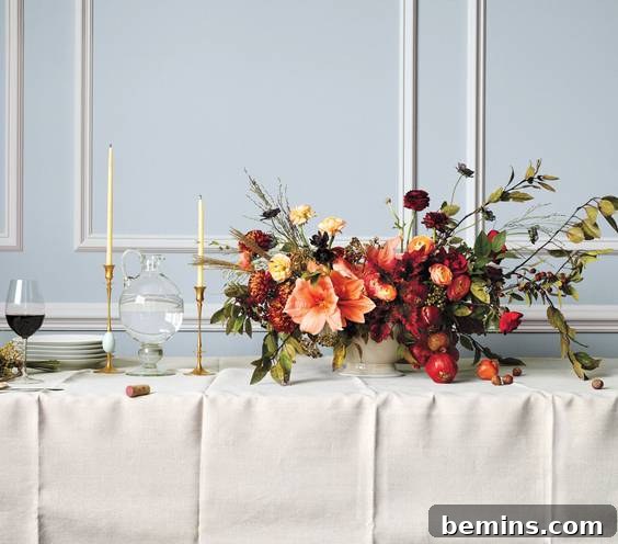 Autumn Centerpiece for the Dinner Table with seasonal flowers and natural elements.