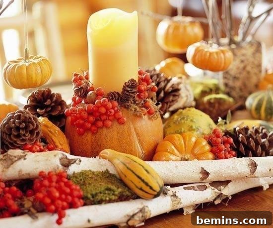 Nature’s Bounty Centerpiece with fruits, vegetables, and natural textures.